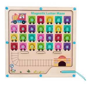 Children mind wooden digital maze toy walking bead Magnetic Color and Alphabet Maze Wooden Magnetic Letter Maze Toy