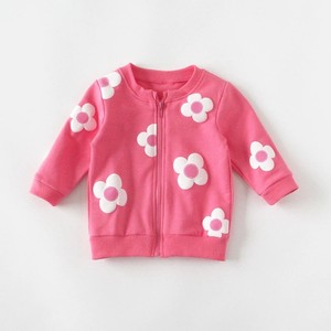 Felpa con Zip in Spandex/Cotone per Bambine, Collo Tondo, Polsini a Costine, Applicazione Floreale 3D, Rosa Tinta Unita, Colori Personalizzabili - Product Image 2