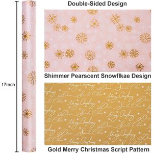 Pink Christmas <b>Wrapping</b> <b>Paper</b> Roll Gold Snowflakes Reversible 46.8 Square Feet Recyclable Gift Craft - Product Image 3