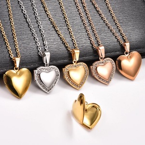 Stainless Steel Zirconia Heart Photo Locket Pendant Openable <b>Picture</b> <b>Box</b> <b>Frame</b> Charms Chain Necklace for Women Men Metal Jewelry - Product Image 1