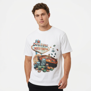 T-shirt en coton blanc à manches courtes et col rond pour homme avec motif imprimé Casino, coupe décontractée, logo sur le devant - Product Image 1
