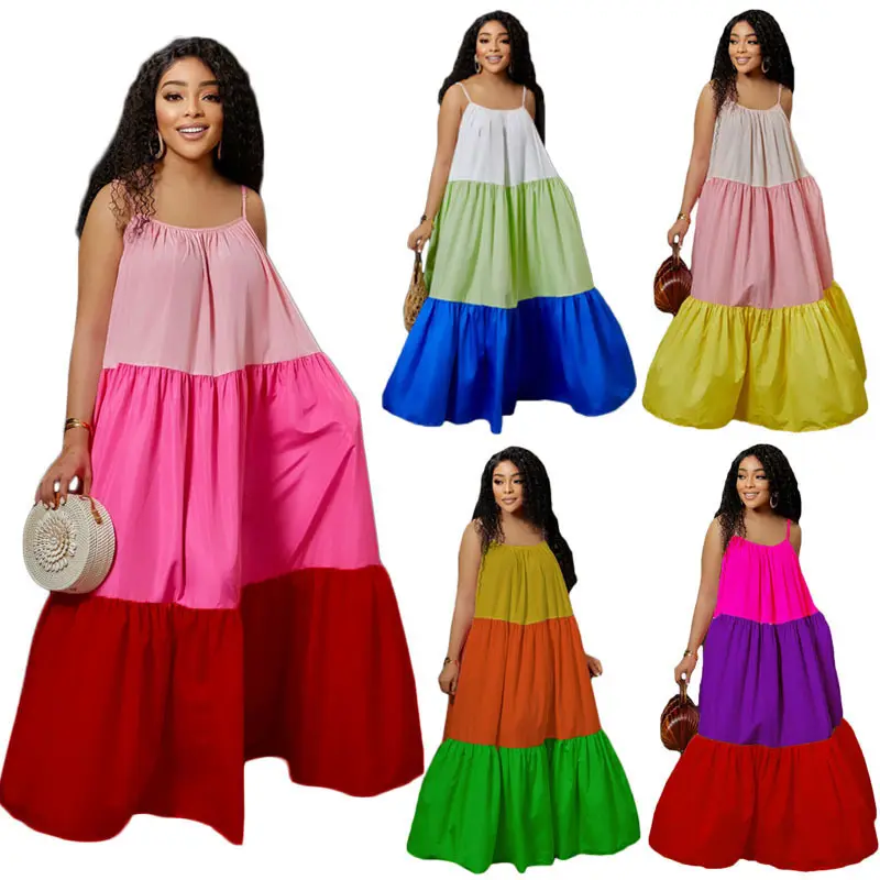 Wholesale Fashion Summer Color Blocking Plus Size Sundress African Maxi Dresses