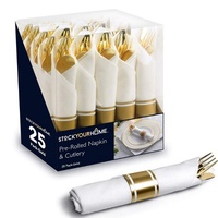 Vente en Gros de Sets de Couverts Jetables Dorés Roulés, Comprenant Fourchettes, Couteaux, Cuillères et Serviettes, pour Fêtes et Mariages