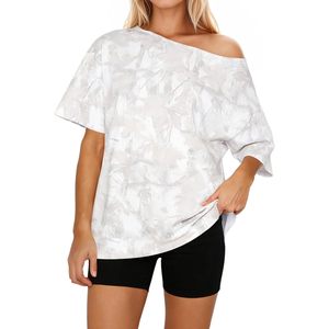 Women Off The Shoulder Camo T Shirt Short Sleeve Oversized Boat Neck <b>Top</b> Casual Everyday Wear Breathable Polyester - Product Image 1