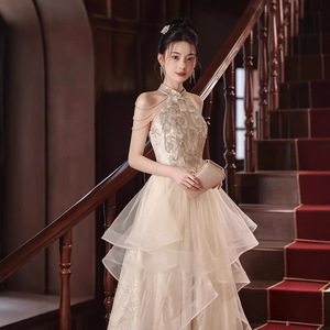 Halter-neck Evening Gown Champagne Color Empire Waist 3D Patterns Coming-of-age Ceremony Dress - Product Image 4