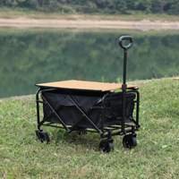 Chariot de camping pliable professionnel avec plateau amovible imitation bois et roues tout-terrain, pliable