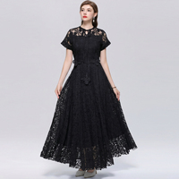 Robe longue élégante noire classique pour femme, col rond, manches courtes, appliqués, unie, en dentelle crochet soluble dans l'eau, idéale pour l'été