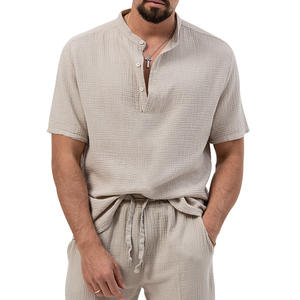 Camiseta de hombre 2024 de algodón, lisa, talla estadounidense, cuello en V, manga corta, con botones, bolsillo, color sólido, 180 gramos, transpirable, estilo vintage, informal, Henry - Product Image 4