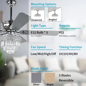 Crystal ceiling fan with light 52 inch modern LED Living Dining room 5 Plywood Blades Ceiling Fan with Light