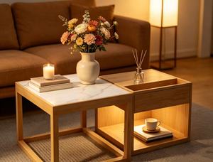Table basse moderne en bois avec plateau en marbre et étagère de rangement, meubles de salon - Product Image 1