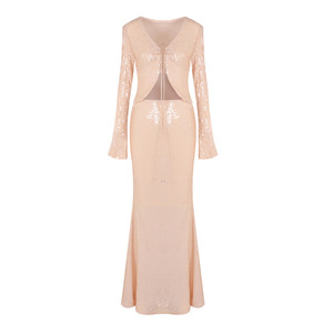 Abito da sera con paillettes <span class=keywords><strong>marrone</strong></span> scuro di lusso a <span class=keywords><strong>maniche</strong></span> <span class=keywords><strong>lunghe</strong></span> con scollo a V e cravatta a coda di pesce sottile - Product Image 5