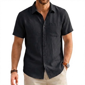 Chemises décontractées à manches courtes pour hommes en lin français 100 %, boutonnées, unies, 140g, mode estivale, avec poche – Vente en gros - Product Image 3