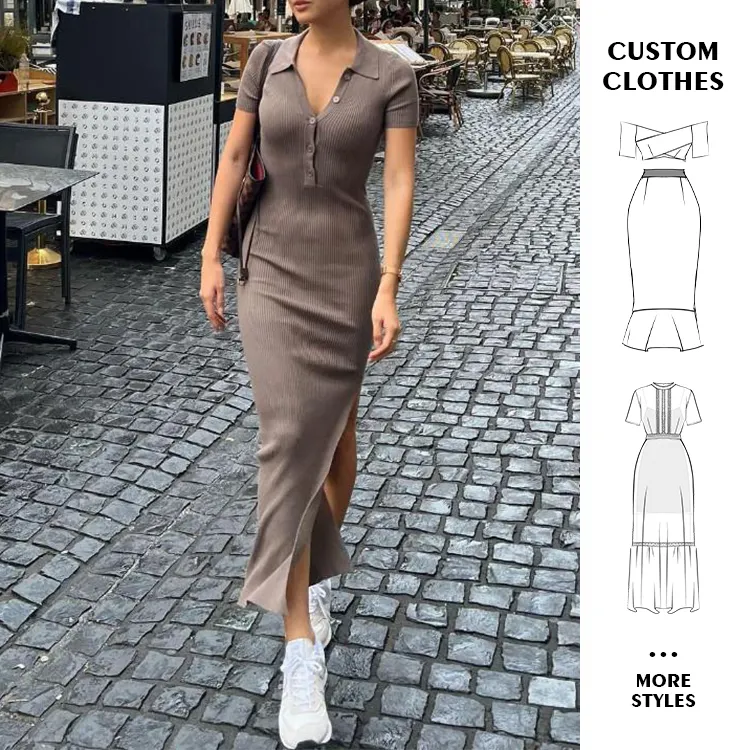 Custom Summer Short Sleeve Knitted Bodycon Split Vestidos Longos Para As Mulheres Camisas Senhora Elegante Senhoras Roupas Casuais Maxi Vestidos