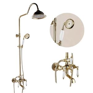 Robinet de téléphone à double poignée français vintage, ensemble de douche en laiton chaud et froid avec baignoire chromée et pommeau de douche, finition cuivre et or - Product Image 1