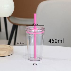 Custom logo 450ml Boba Reusable Clear Plastic Coffee <b>Mug</b> Milk <b>Tea</b> Fruit Juice Transparent Plastic Tumbler Cup with Straw - Product Image 3