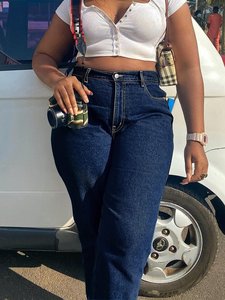 中国厂家直销加大码高腰黑色直弹力宽腿全长牛仔休闲女士裤 - Product Image 4