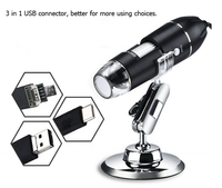 Caméra endoscopique numérique USB 1600X 8 LED, microscope 3-en-1 avec lentilles interchangeables, compatible avec les téléphones mobiles