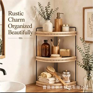 Wooden three-tier <b>shelf</b>, <b>desktop</b> corner cosmetic storage rack, living room miscellaneous item organizer, simple storage rack - Product Image 1