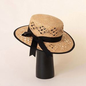 European American Spring Summer New Handmade Raffia Straw <b>Hat</b> Flat Top <b>Hat</b> Boater Hollow Bow Decoration Casual Straw <b>Hats</b> - Product Image 3