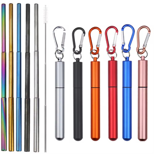 <span class=keywords><strong>Paille</strong></span> télescopique pliable en acier inoxydable à fond <span class=keywords><strong>rond</strong></span> avec étui pliable, porte-clés, logo laser personnalisé - Product Image 1