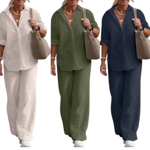Conjunto de duas peças feminino de manga comprida de duas peças blusa de perna larga calças terno - Product Image 1