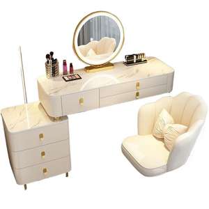 Tocador de maquillaje moderno con espejo iluminado, superficie de mármol blanco, mesa de tocador para dormitorio, uso adulto. - Product Image 4