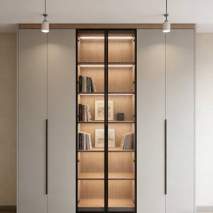 Armoire moderne de luxe sur mesure, panneau de couleur claire et porte en verre avec cadre noir, placard de chambre à coucher avec éclairage LED intégré - Product Image 2