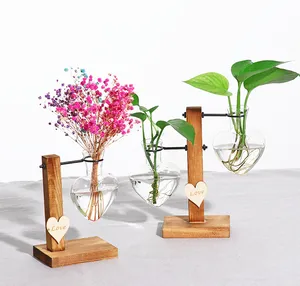 Transparent Flower Pot Home Decor Plants Living Room Wooden Vertical Stand Heart Shaped Hydroponic Glass Vase