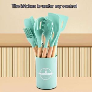 Non-Stick <b>Silicone</b> Kitchenware Set Wooden Handle Cross-Border Cooking Spoon Shovel Storage <b>Tube</b> Direct Utensils - Product Image 4