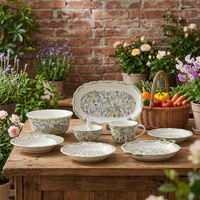 Set Perlengkapan Makan Porselen Bunga Hijau Vintage, Motif Bunga Taman, Perlengkapan Meja Makan Keluarga, Set Piring Makan Keramik