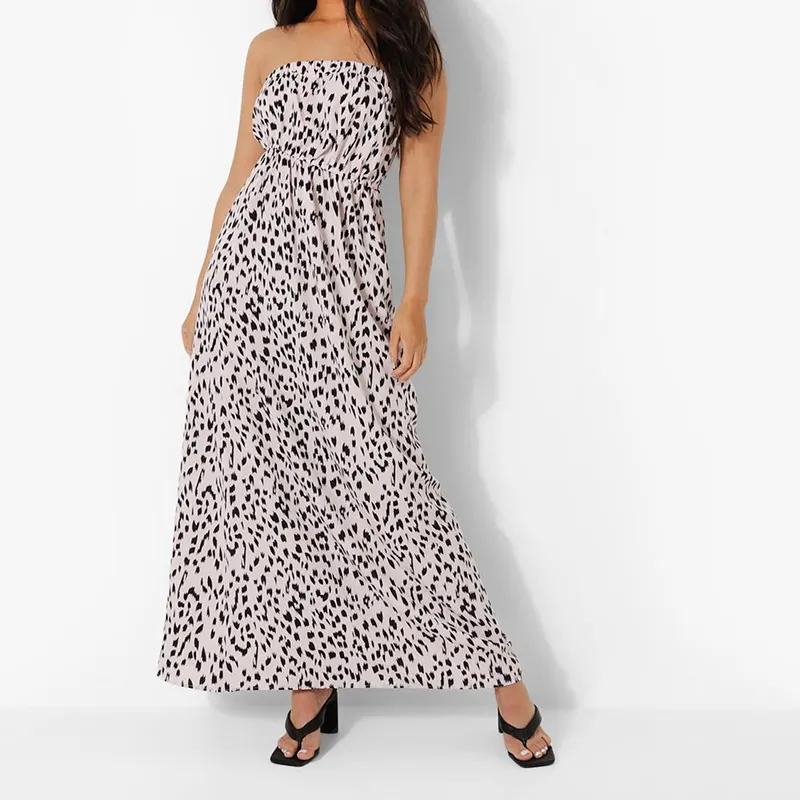 2023 Women Fashion Style Spaghetti Sexy Tube Top Dress Long Leopard Print Backless Maxi Bohemian Ruffle Chiffon Dress