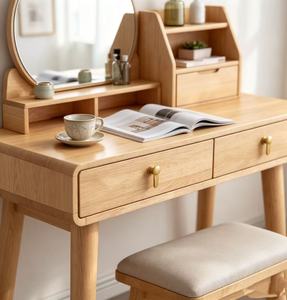Scandinavian Solid Birch Makeup <b>Vanity</b> With Flip Top <b>Mirror</b> And Storage Drawers Bedroom Dressing Table Set - Product Image 3