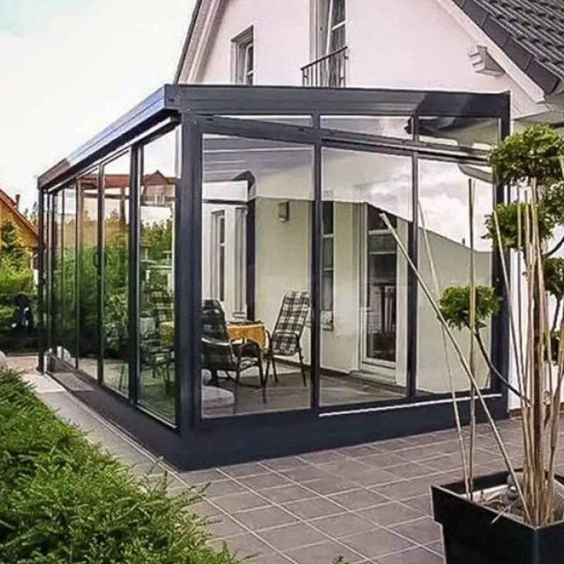 Luxury Modern Prefabricated Conservatory Aluminum Frame Glass House Wood Grain Custom Color Winter Garden Sunrooms