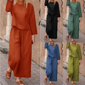 Women's Long-Sleeve Crew Neck Top & Wide-Leg Pants Solid Color Casual 2-Piece <b>Set</b> Fashion - Product Image 2