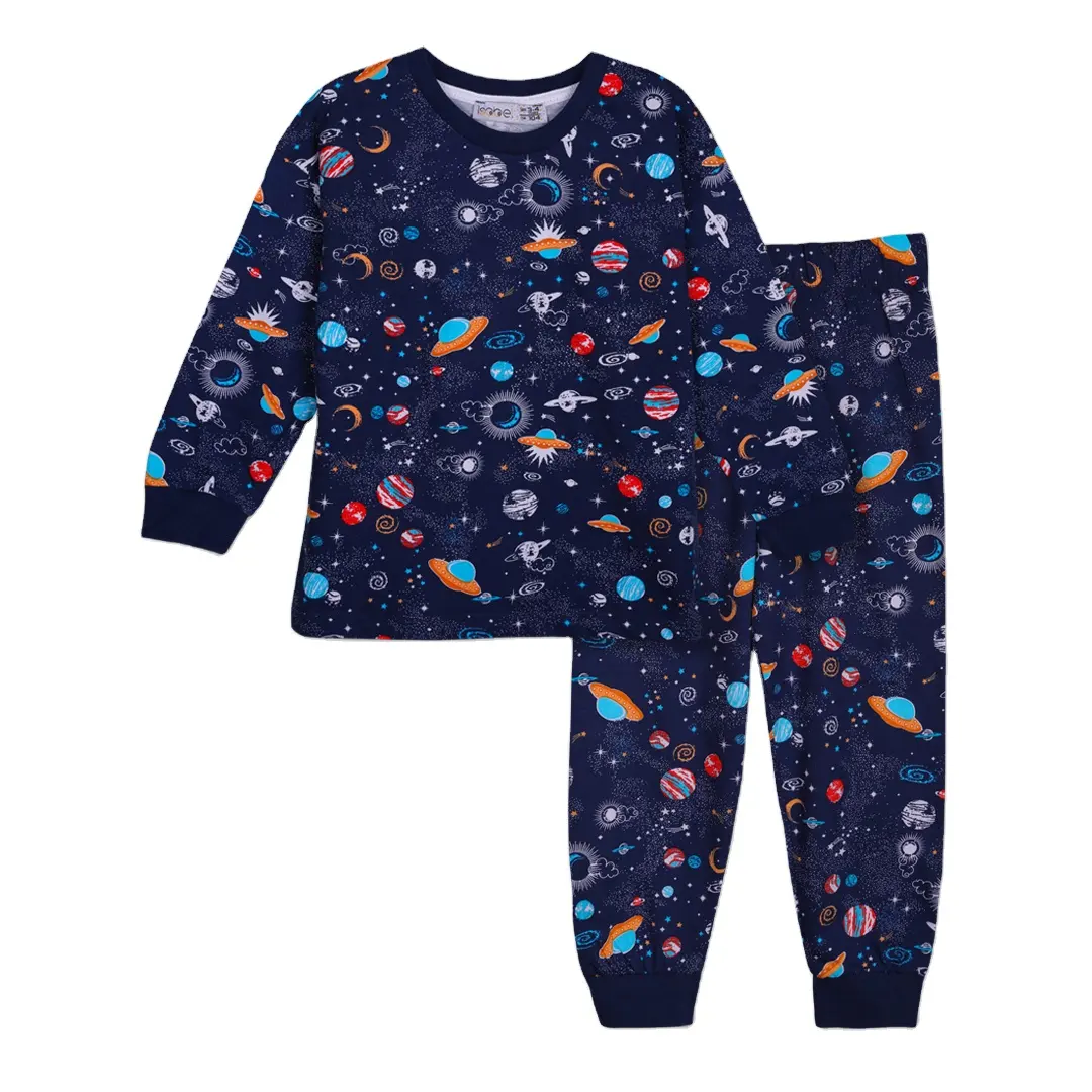 Chất Lượng Cao Bền Vững Và Vui Vợt Trẻ Em Của 100% Cotton Interlock Đan Vải Pajama Set Với Không Gian Mô hình Màu Xanh Hải Quân Màu