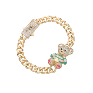 Pulsera de latón chapada en oro de 14K con diseño de oso de peluche y diamantes, estilo cubano con rayas esmaltadas, joyería hip hop para mujer - Product Image 1