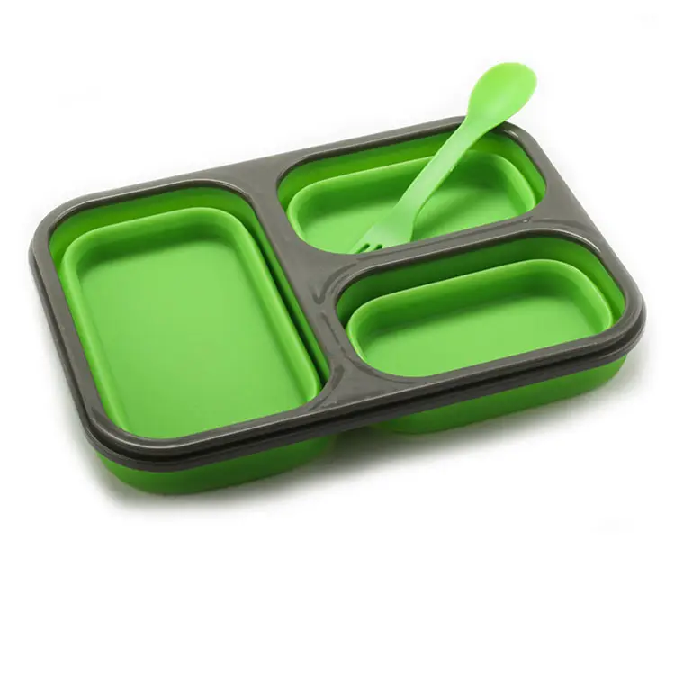 Microwave Dishwasher Safe Eco Friendly Food Grade Silicone Lunch Box 3 Compartment Foldable Food Storage Container