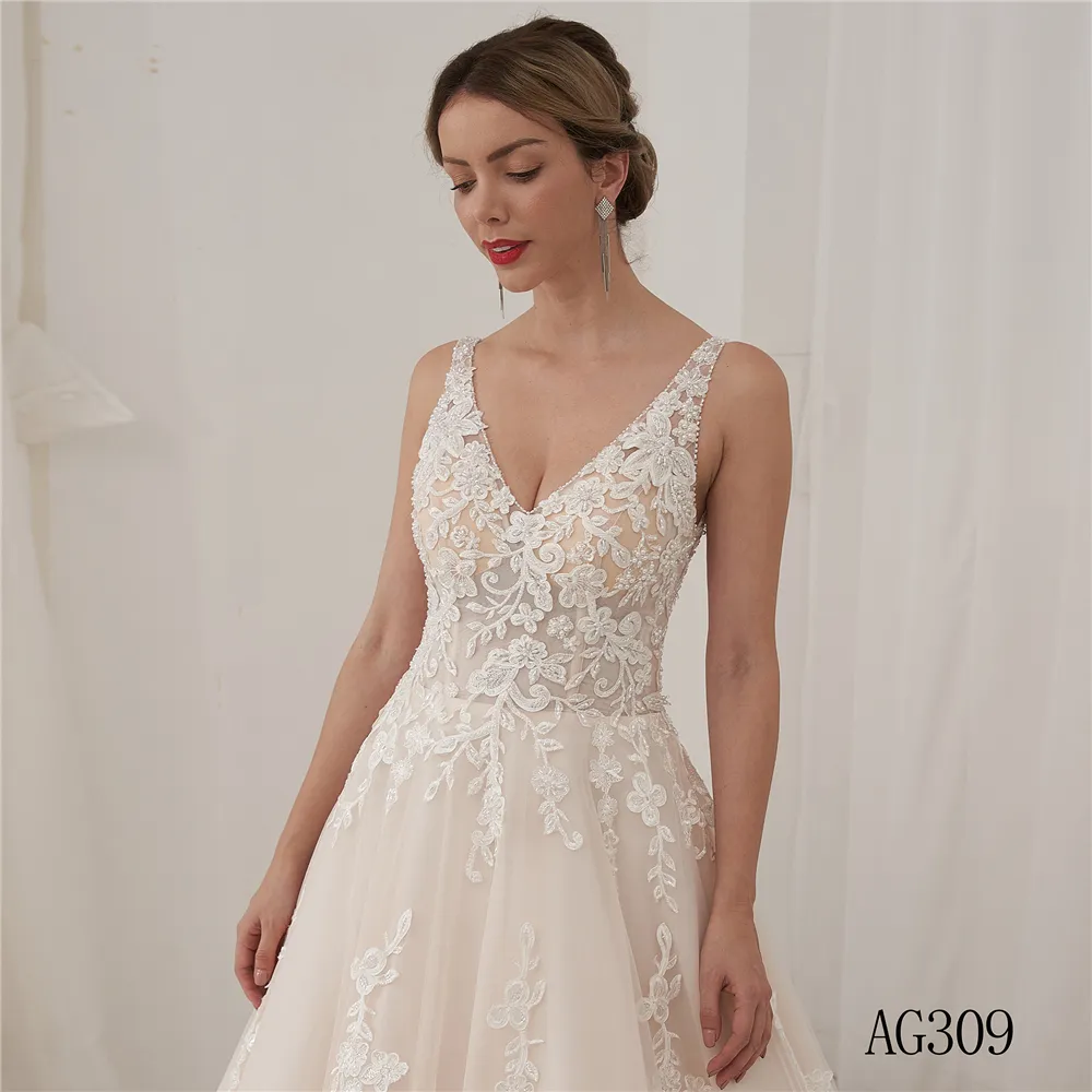 Chiffon Spitze Eine Linie Elegante Braut Brautkleid Prinzessin Sexy Deep V Hochzeits gast Kleid Mit Perlen