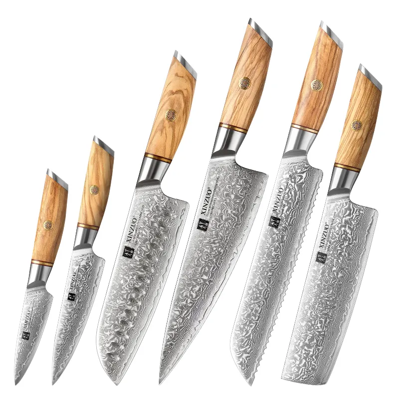 XINZUO New Design Hot Sale 6PCS Japanese Powder Damascus Steel 73 Layers Sharp Kitchen Knife Set with Olive Wood Handle