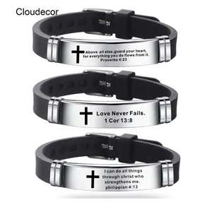 Black Adjustable Rubber Watch Band Laser Bracelet Rubber Men Bible Scripture Engraved Silicone Bracelets Custom Stainless Steel