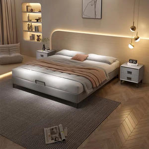 Lit plateforme moderne minimaliste en cuir et bois massif, taille double 1,8 m, style tatami bas avec rangement, pour petits appartements, sans tête de lit - Product Image 1