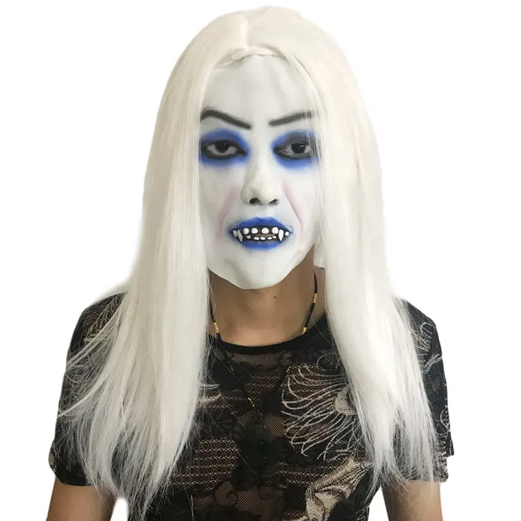 Masker realistis baru topeng muka rambut panjang masker hantu Wig permainan Cosplay topeng Halloween menakutkan untuk dewasa