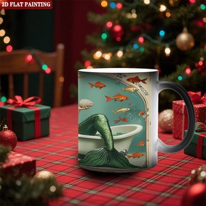 Taza de Cerámica Negra Esmerilada de 11 oz, Taza Sensible al Calor con Diseño de Sirena, Pintura Plana 2D - Product Image 2