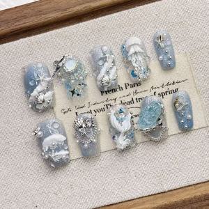 <span class=keywords><strong>Faux</strong></span> <span class=keywords><strong>ongles</strong></span> faits à la main, design 3D sirène océanique et méduse, avec perles, coquillages et paillettes, luxe, pour femmes - Product Image 5