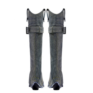 Talla grande 46 <span class=keywords><strong>Cow</strong></span> <span class=keywords><strong>Boy</strong></span> estilos occidentales mujeres Denim <span class=keywords><strong>botas</strong></span> hasta la rodilla cuña tacones gruesos superposición botines hebillas pantalones zapatos - Product Image 5