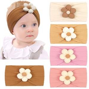 Bando bunga Khaki untuk bayi perempuan, aksesoris rambut lembut warna krem merah muda nilon, ikat kepala bunga untuk balita baru lahir balita - Product Image 5