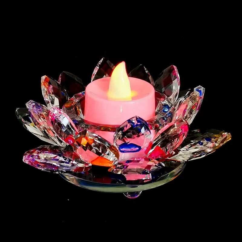 DILU Colorful Crystal Glass Lotus Flower Tea Light Candle Holder Rainbow Buddhist Votive Lotus For Wedding Part Souvenirs Gifts