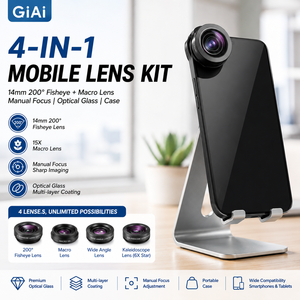 GiAi 4-en-1 14mm 200 °   Adaptateur d'objectif <span class=keywords><strong>macro</strong></span> Fisheye pour appareil photo de téléphone portable, objectif en verre optique à mise au point manuelle avec étui - Product Image 1