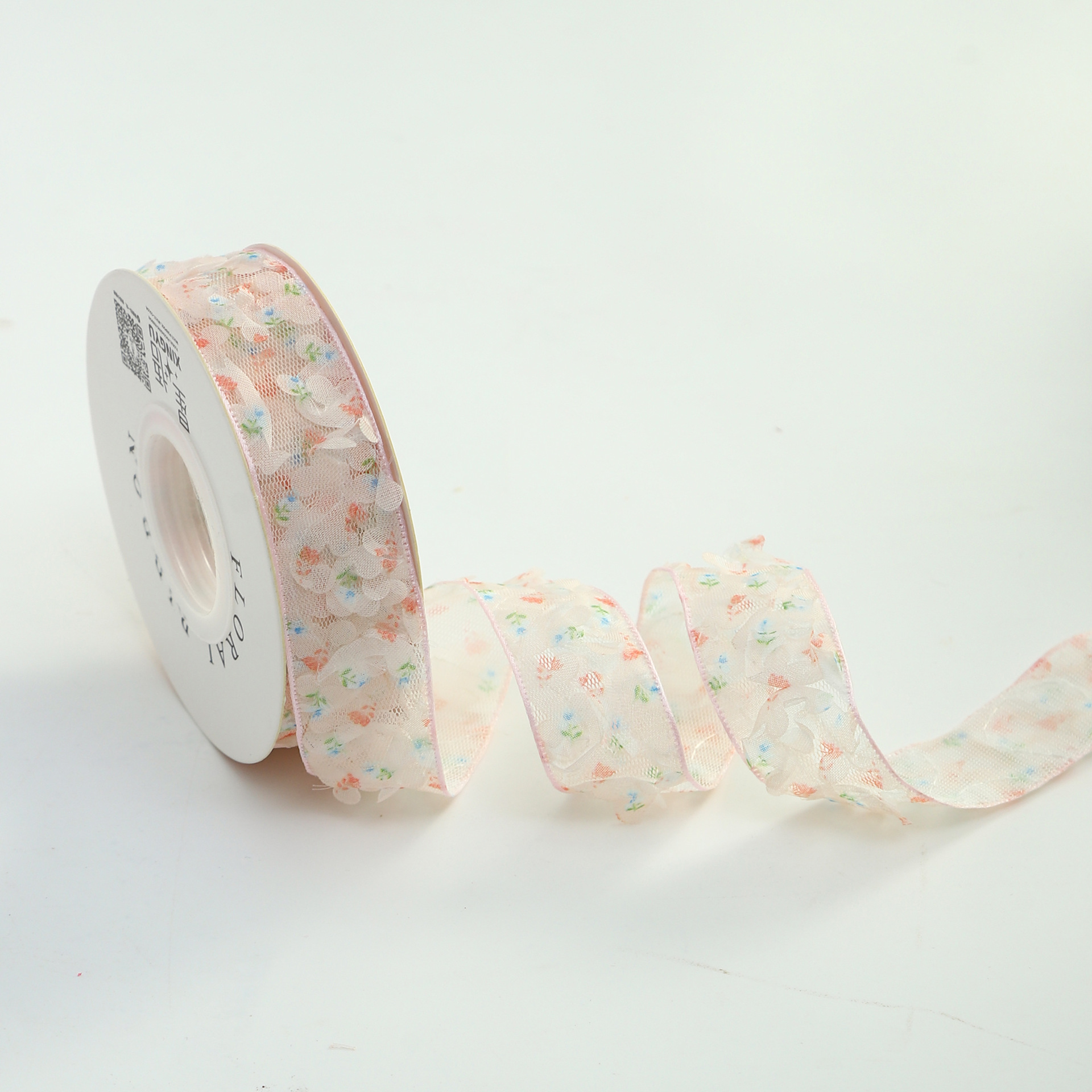 Ruban rose en dentelle et maille florale de 25 cm - 10 yards/rouleau