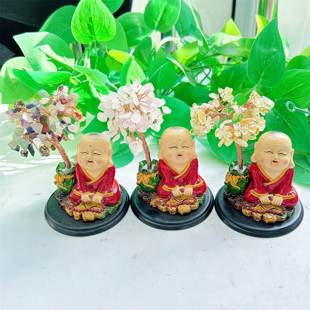Natural stone Crystal crafts citrine cute buddha Chips Tree Lucky gravel tree Rose Quartz Money Tree for healing decoration
